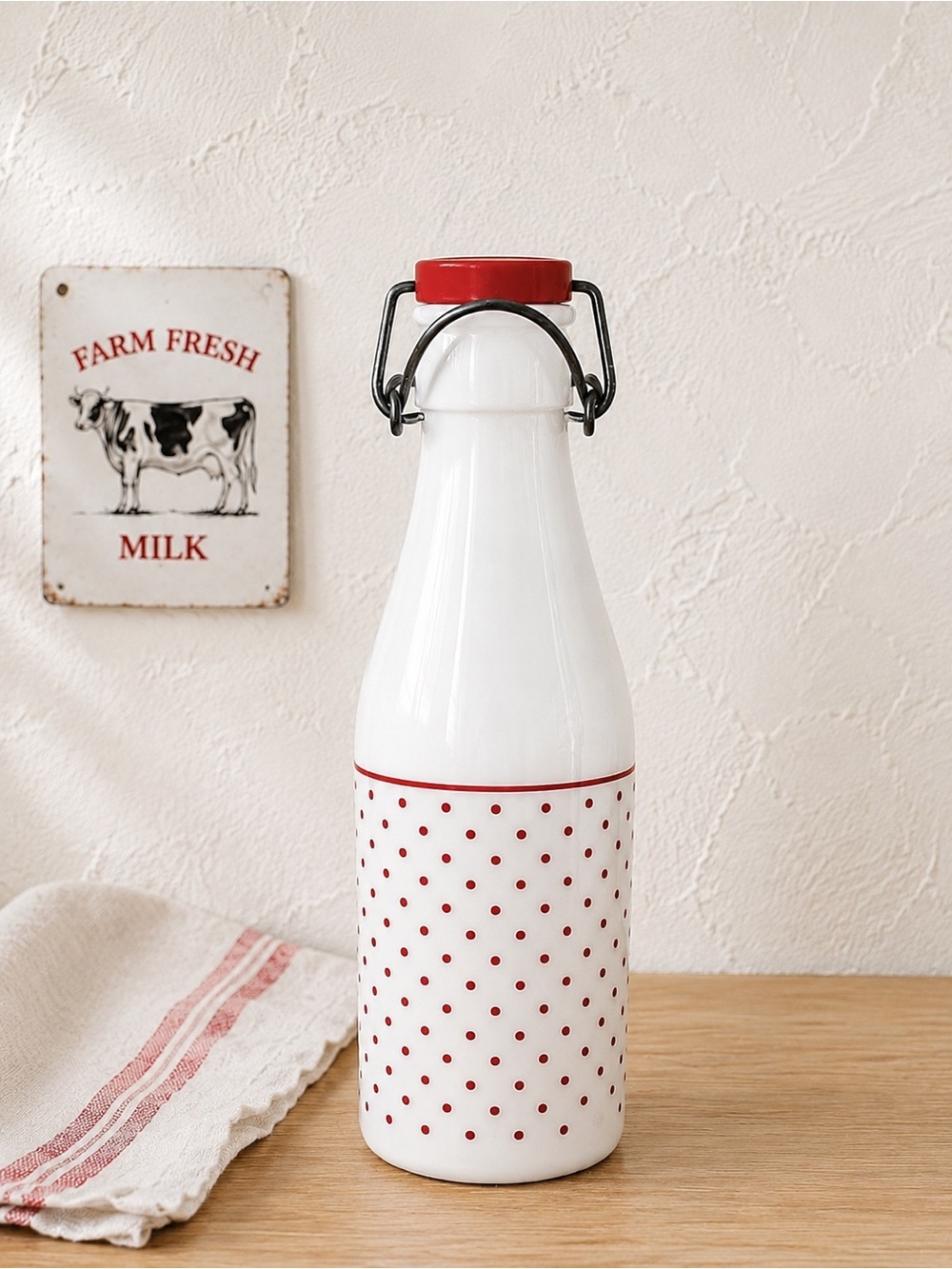 CERVE Vintage Italy Milk Glass Farmhouse Style Swing Top Bottle Red Polka Dot